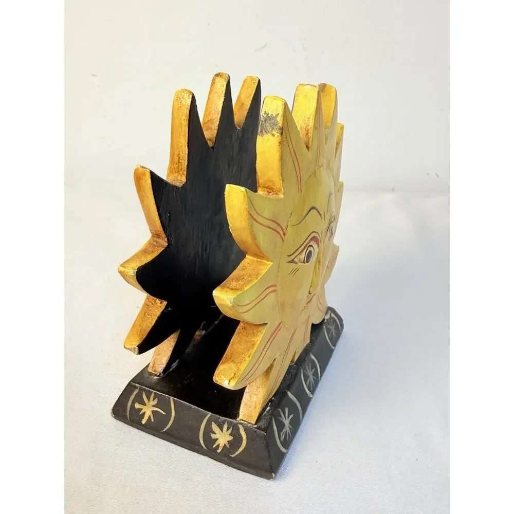 Vtg Folk Art Hand Painted Wooden 90’s Sun Face Napkin/ Letter Holder -read